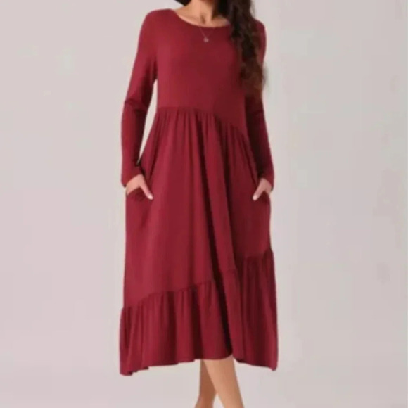 NWT Seta T Long Sleeve Midi with Pockets Size L Burgundy - Picture 2 of 9